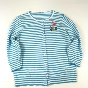 Talbots Womens Cardigan Striped Sweater 3/4 Sleeve Embroidered Flamingo S Small